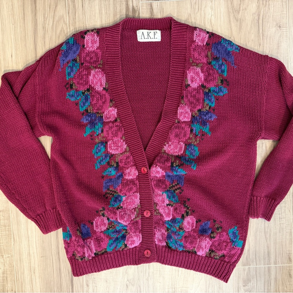 Vintage Women's Floral Knit Cardigan - Pink and Blue - size M Cottagecore